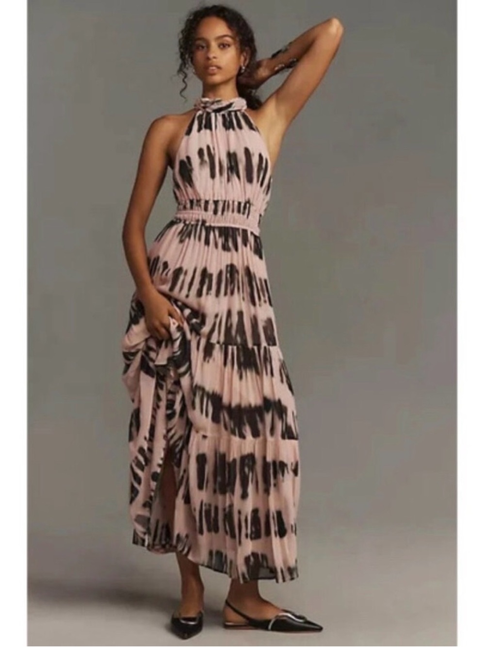 Anthropologie Somerset Pink and Black Tie-Dye Halter Maxi Dress